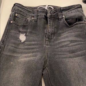 High-Waisted Distressed Grey Denim Jeans